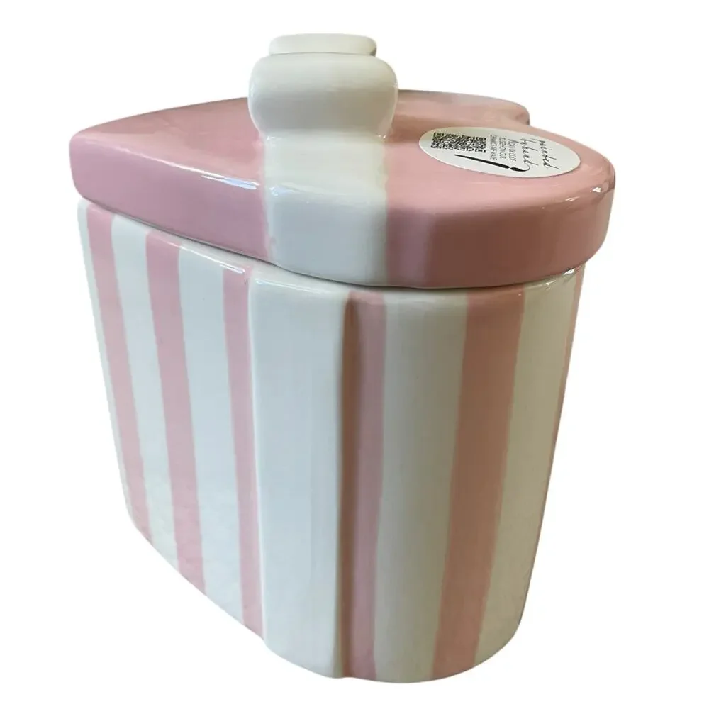 Lang Hand Painted Pink & White Heart Shaped Canister Jar with Bow Lid New